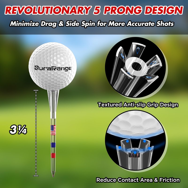 DURARANGE Elite Golf Tees - Transparent, Patriotic USA Flag Design, 5-Prong Anti-Slip, Enhanced Stability, 3-1/4" for Drivers, Durable PC Material, 50-Pack