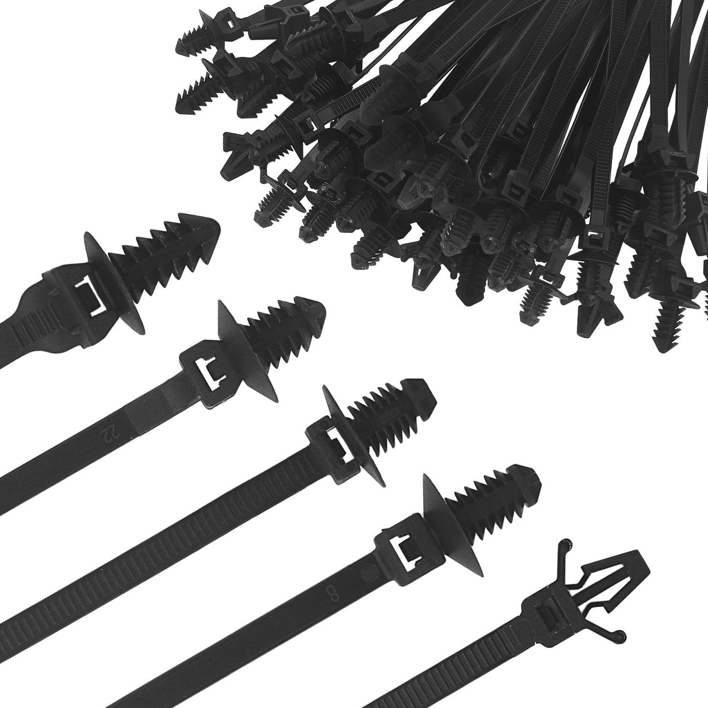 LOUZAGO 50 Pcs Push Mount Cable Ties, Nylon Push Mount Zip Ties Self Locking Wire Harness Clips, Heavy Duty Automotive Wire Clips Snap in Cable Zip Ties Fastener Car Mount Wire Ties (5-Types)