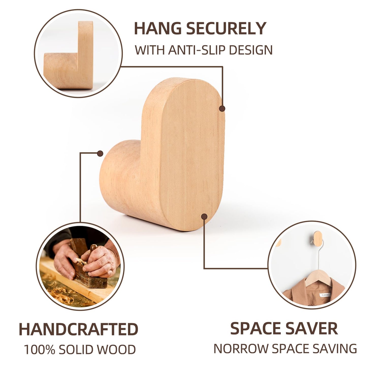 LIVESO Wood Wall Hooks, 2 Pack Modern Minimalist Wood Hooks Wall Mounted, Natural Wooden Wall Coat Hook Rack, Wooden pegs for Hanging Hat, Towel, Robe, Bag