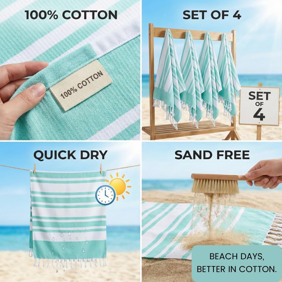 Turkish Beach Towels Set of 4 - Oversized 40x70 Inch Cotton Towels | Quick Dry, Sand-Free, Aqua Blue