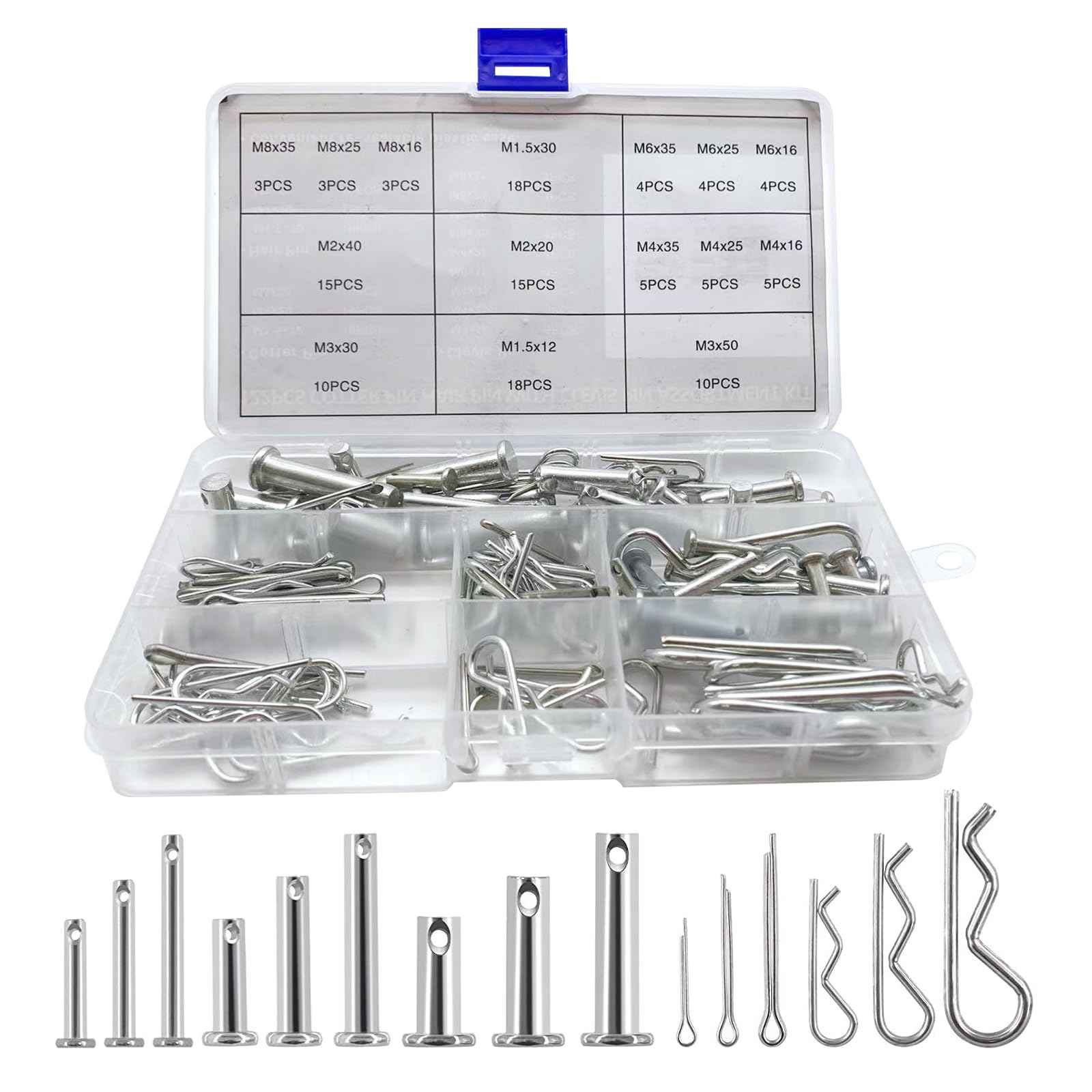 Boatsea 122Pcs Cotter Pin Hair Pin Clevis Pin Assortment Kit,R Clips Retaining Hair Pins Assortment, Including Single Hole Clevis Pin&Split Cotter Pin&R Clip Hitch Pin for Trailer Latch, Zinc-Plated