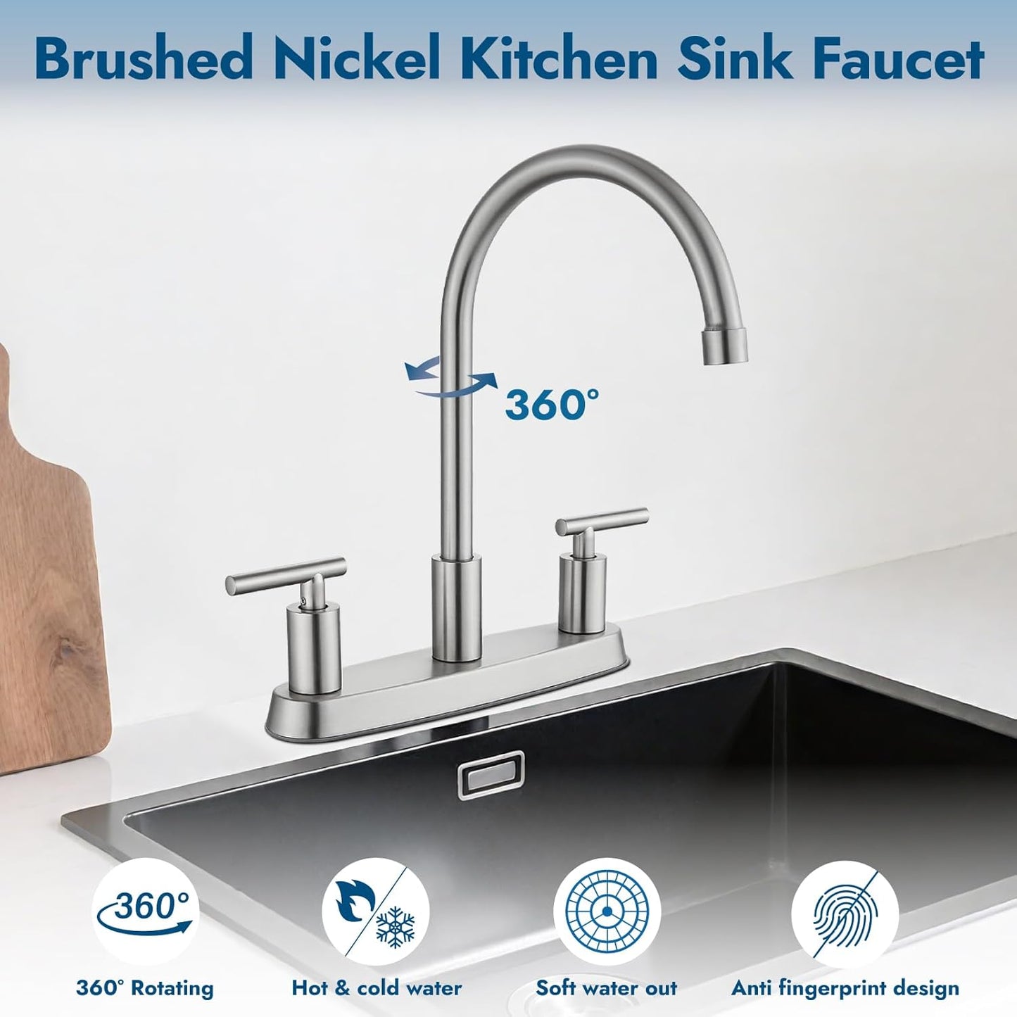 Brushed Nickel Kitchen Faucet with 360° Rotating Spout & Side Sprayer - 2 Handle, 8 Inch Centerset