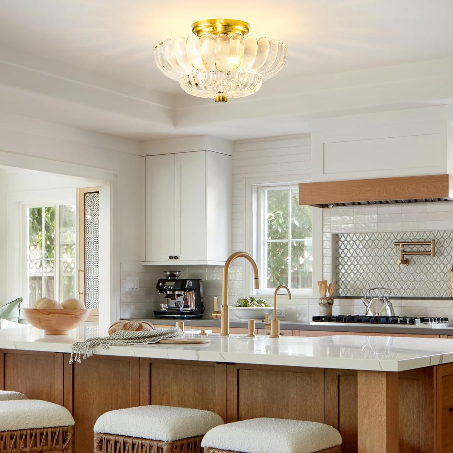 Modern Semi Flush Mount Ceiling Light Fixture with Brown Glass & Black Base - Ideal for Living Room, Kitchen, Bedroom, Hallway (Bulb Not Included)