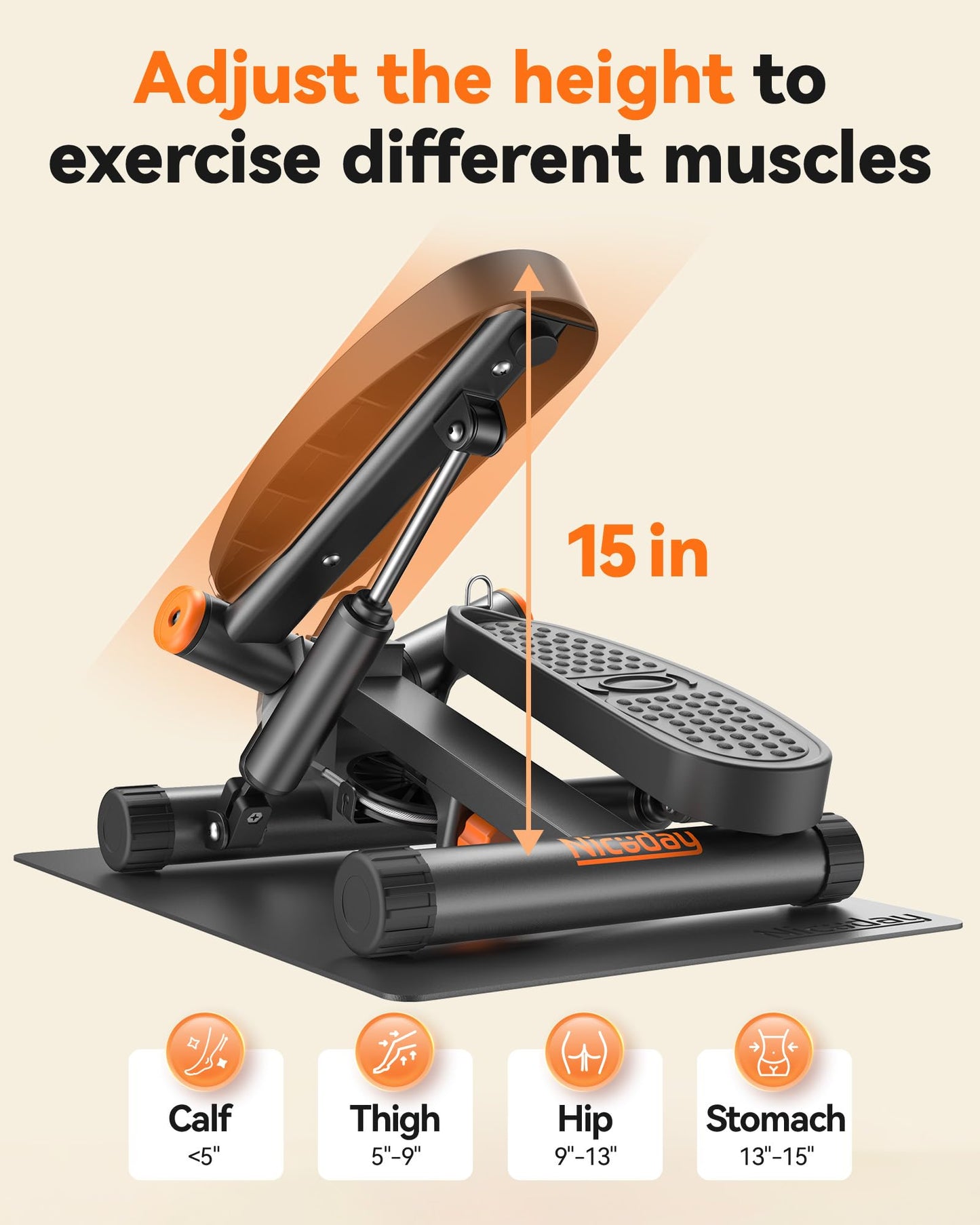 Niceday Twist Stepper for Exercise at Home, Mini Stair Stepper with Resistance Bands at Home Workout Equipment with 300LBS Loading Capacity, Hydraulic Fitness Stepper with LCD Monitor Gray with Mat
