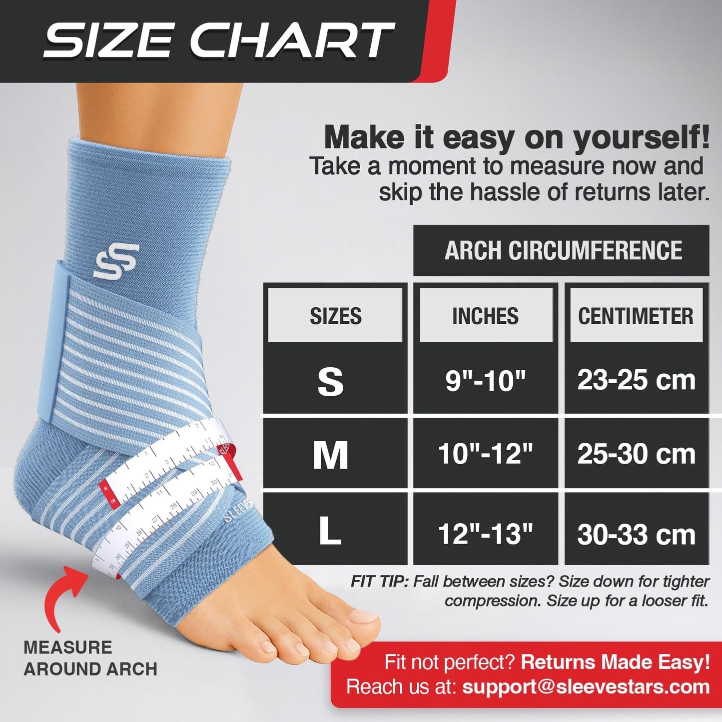 Sleeve Stars Ankle Brace - Compression Support for Sprained Ankles & Plantar Fasciitis | Light Blue, Size L (12"-13")