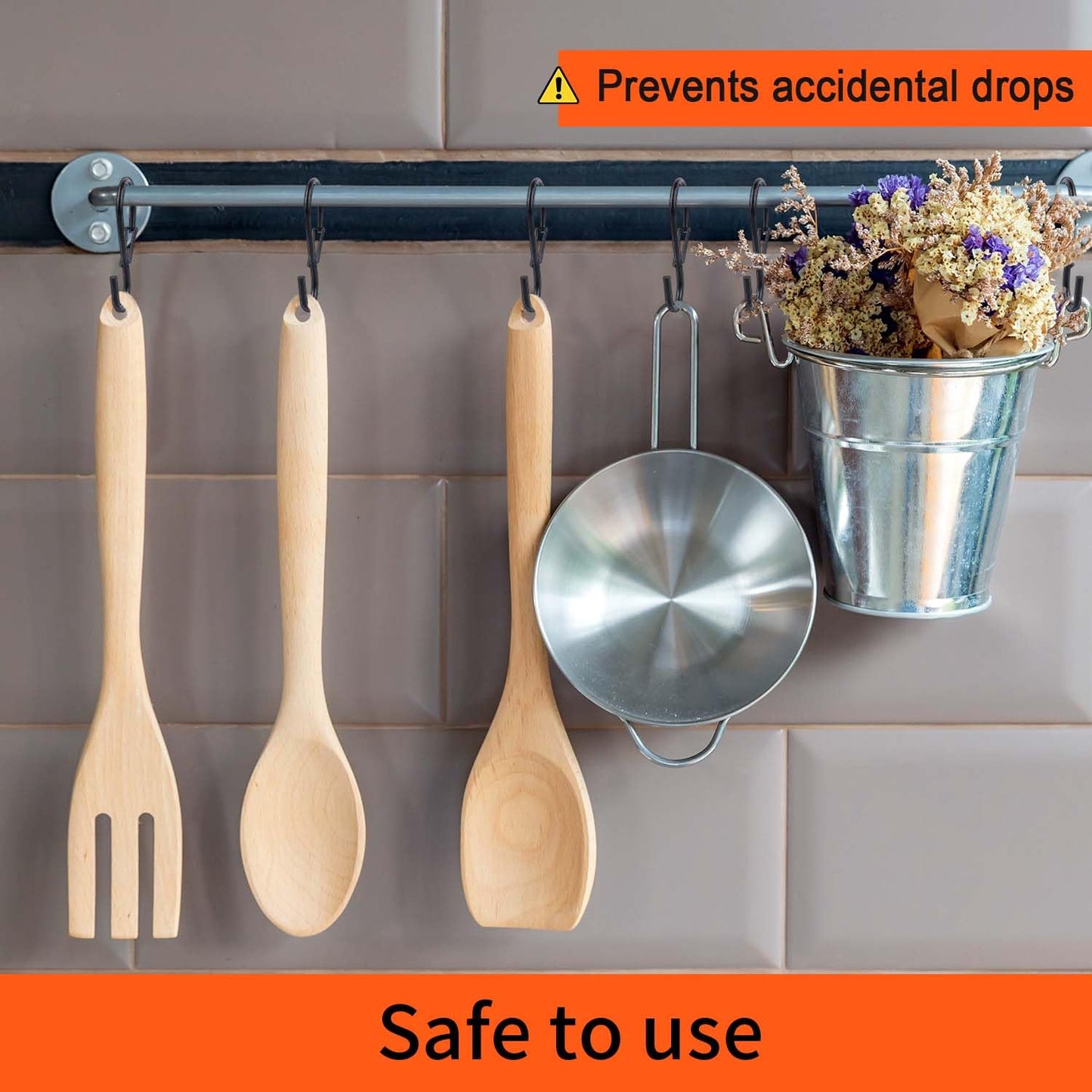 12 Pack Large S Hooks for Hanging Plants with Safety Buckle- Heavy Duty Solid Metal Steel Black S Shaped Closet Hooks for Hanging Plants, Kitchen Utensils, Jeans, Bags, Pots, 4 inch, Fit Most of Rod