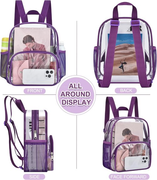 Busiuw Clear Backpack - Stadium-Approved Design with Front Pocket | 12"x12"x6" | Purple Color