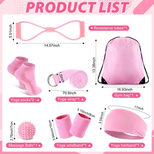 Halloscume 15 pcs Pilates Kit for Women Home Pilates Yoga Fitness Set with Pelvic Floor Trainer 5 Resistance Band Stretching Strap Non Slip Sock Ball Wristband Headband Gym Bag (Pink)