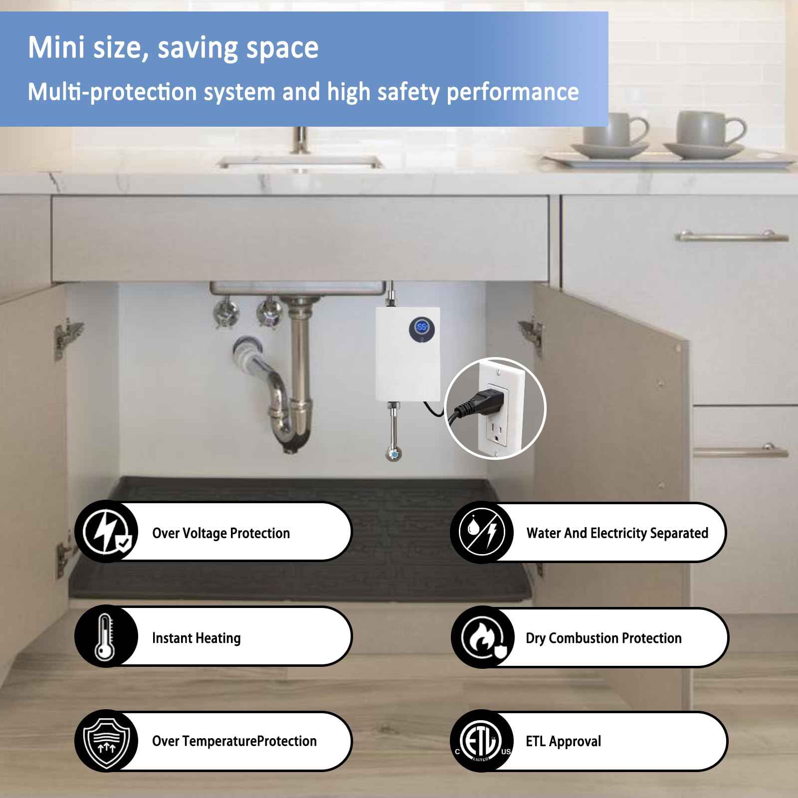 ECOTINYMACH 110V Tankless Water Heater Electric, 3000W Compact Water Heater Under Sink, Conveniently Convertible Between Fahrenheit and Celsius