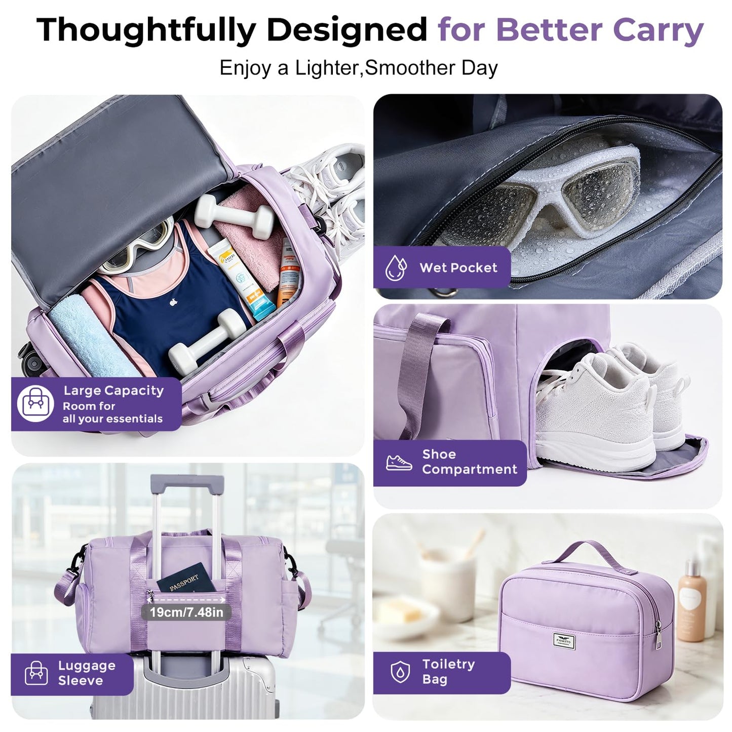 FIORETTO Women's Gym Duffle Bag with Shoes Compartment, 30L Capacity, Ideal for Travel, Gym, Sports, Duffel, Weekender, with Toiletry Bag, Lavender