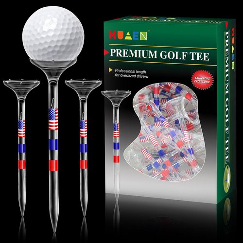 HUAEN Golf Tees, Unbreakable Golf Tees Plastic Golf Tees 3 1/4" Transparent Acrylic Long Golf Tees Bulk, 50/60/100 Pack, Reduces Friction & Side Spin, Big Cup & 8 Prongs, USA Flag Series (60 Pack)