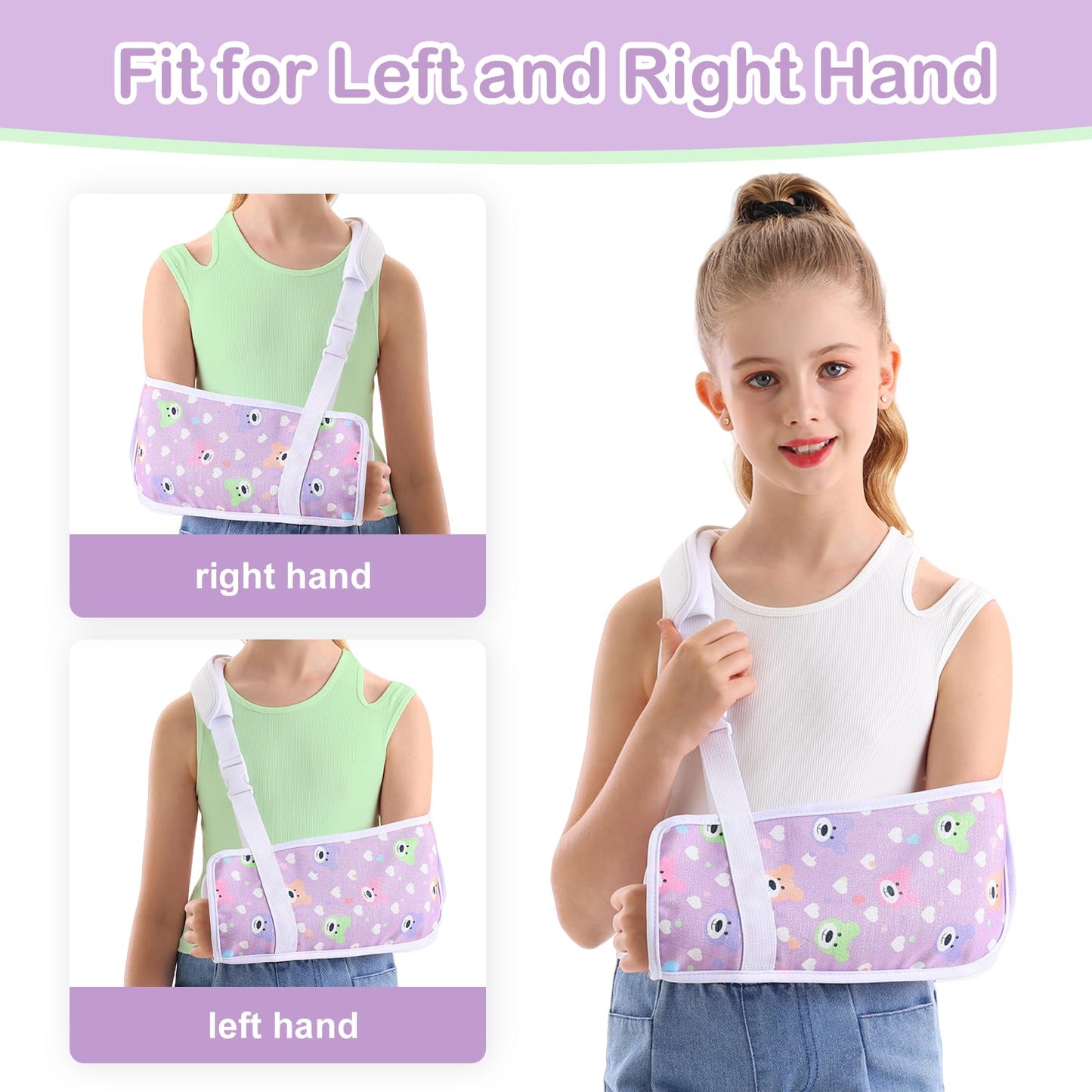Ledhlth Kids Arm Sling for Broken Arm, Torn Rotator Cuff, Shoulder Elbow Wrist Injury, Printed Pediatric Brace Support (Purple Bear, Small)
