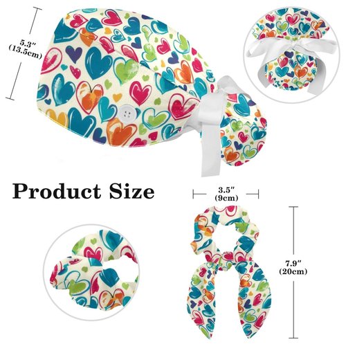 Women’s Working Cap Scrub Hats with Bow Scrunchies, Hearts Love Patterns Bouffant Surgical Cap Ponytail Holder