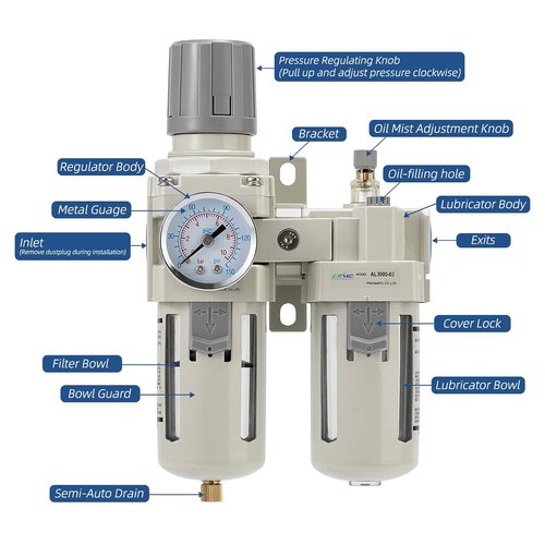 **Regine Switzerland Compressed Air Filter Regulator - Water/Oil Trap Separator (0-150 PSI) | Semi-Automatic Drain**