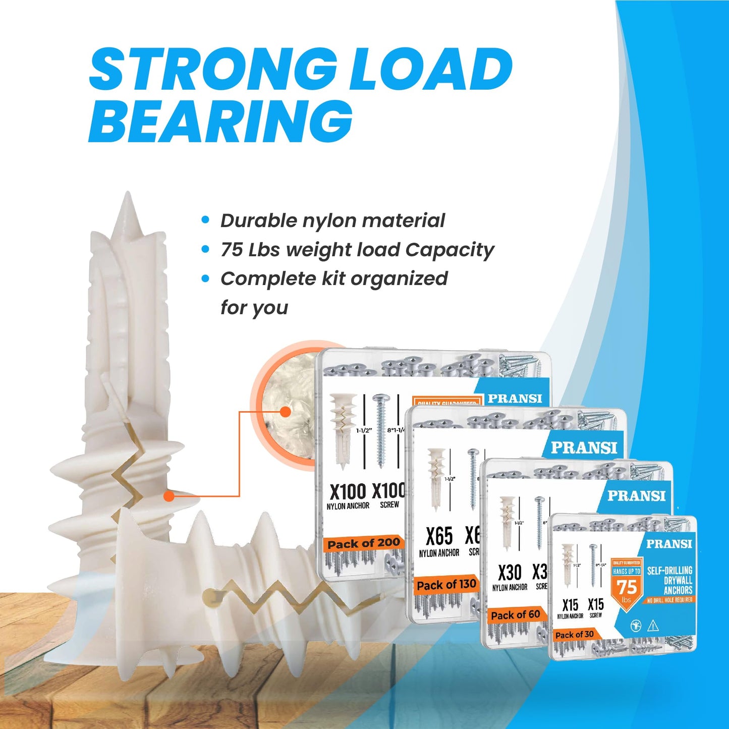 PRANSI 130pcs Drywall Anchors and Screws Kit – #8 x 1-1/4” Self Drilling Anchors – No Pre-Drill Required – Heavy Duty Wall Anchors for Drywall – Holds Up to 75lbs