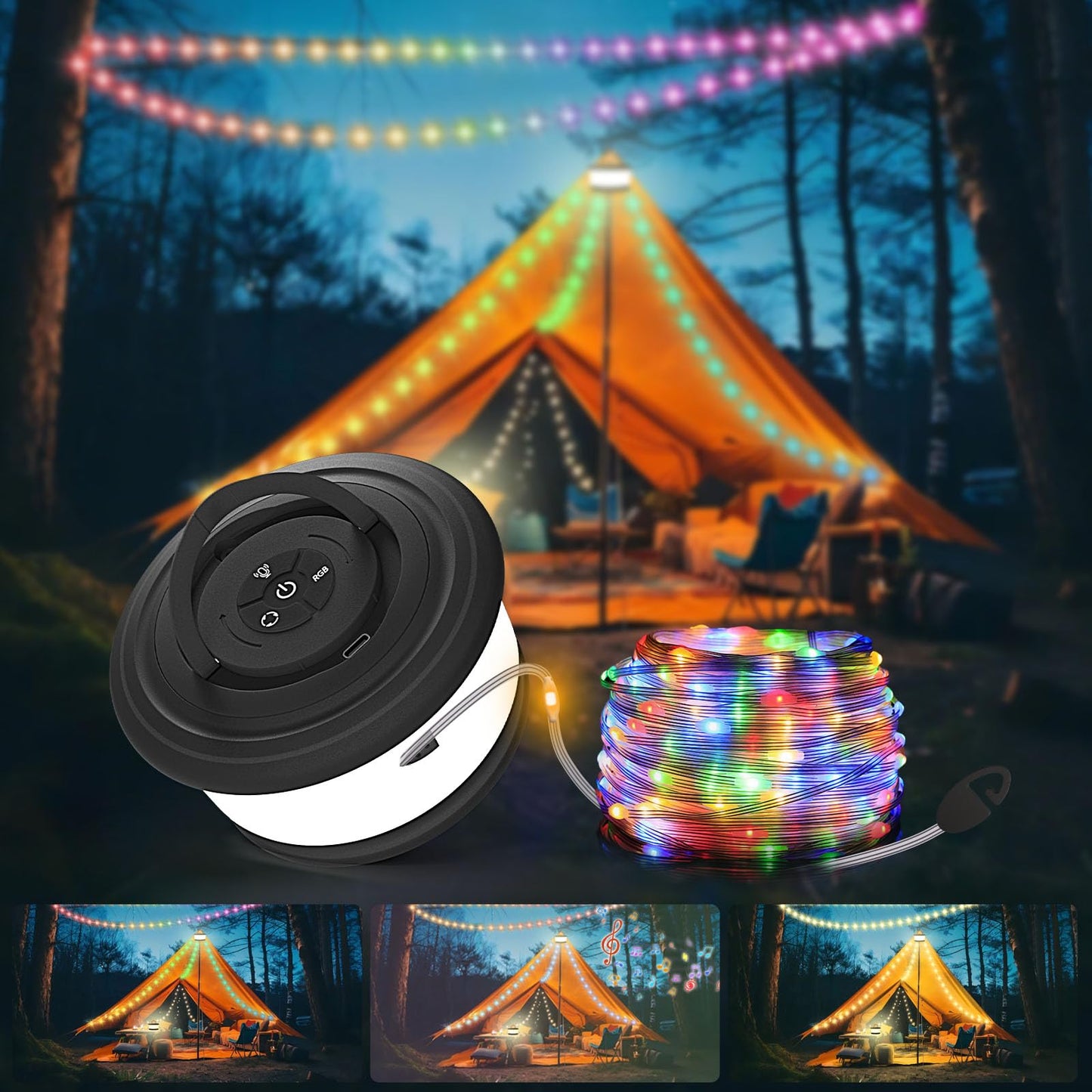 TOHETO Camping String Lights, 3 in 1 Upgraded Retractable RGB Outdoor String Lights with 19 Lighting Modes, Quick 30s Recovery, 32.8 FT Portable Tent Lights, Rechargeable Camping Lantern (Black)