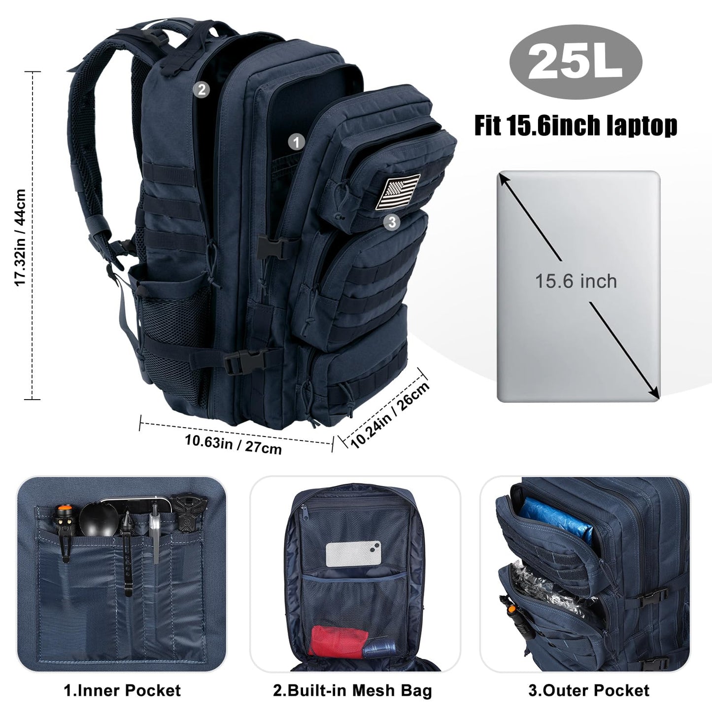 kookoomia Military Tactical Backpack 25L Day Backpack for Men Molle Army 3 Days Assault Pack Bug Out Bag Water Resistant and Heavy Duty Hiking Treeking Rucksack - Dark Blue
