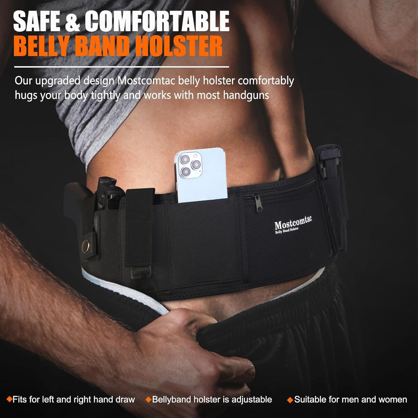 Mostcomtac Belly Band Holster - Comfortable Neoprene Gun Holster for Glock 17-43X, Taurus, Ruger LCP | Zip Pocket Feature