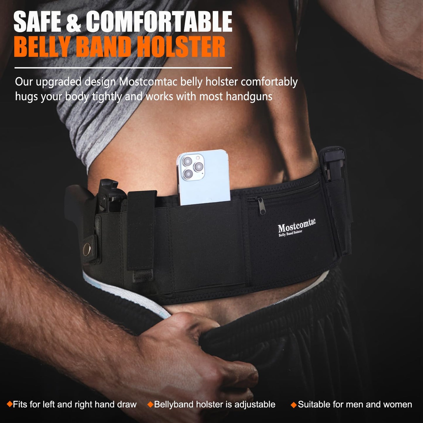 Mostcomtac Belly Band Holster for Men and Women - Comfortable Gun Holster for Pistol Fits Glock 19 17 42 43 43x, Taurus, Ruger LCP, S&W M&P Shield, Breathable