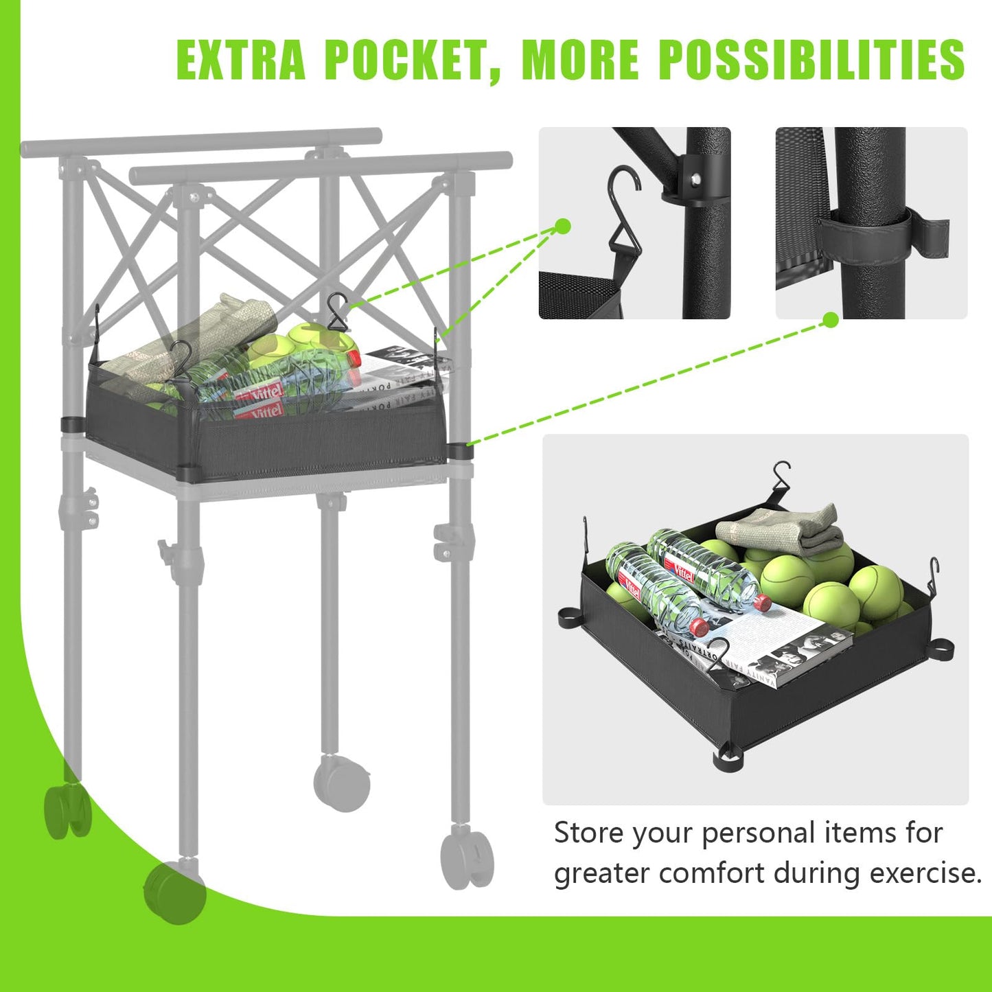 wasoyun Tennis Ball Hopper with Wheels - Height Adjustable Foldable Tennis Ball Basket with Storage Bag Ball Candy for 150 Pickleball & Tennis