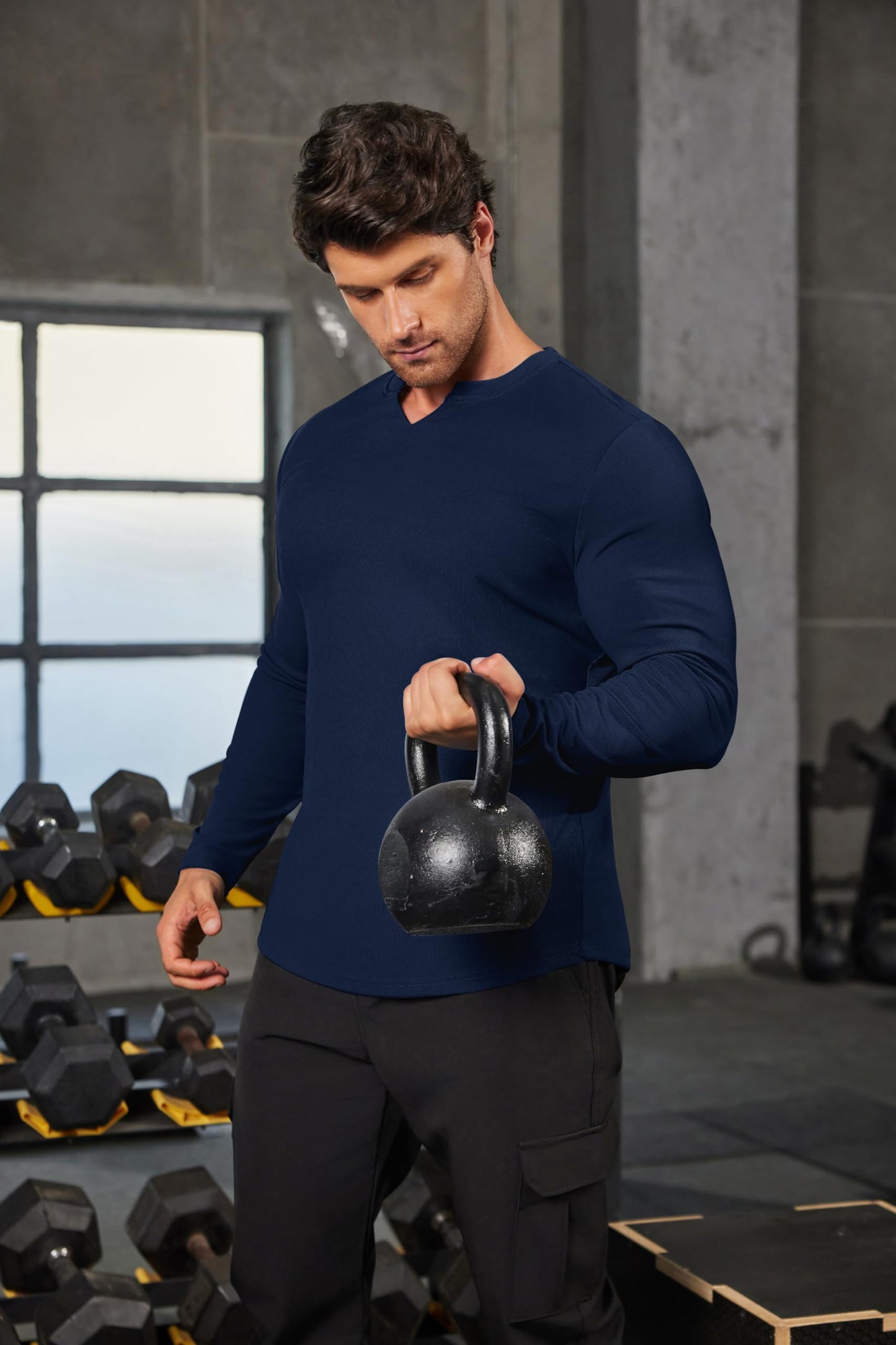 COOFANDY Mens Casual V Neck T Shirt Slim Fitted Long Sleeve Muscle Henley Stretch Tee Shirts for Athletic Running Gym Workout Navy Blue