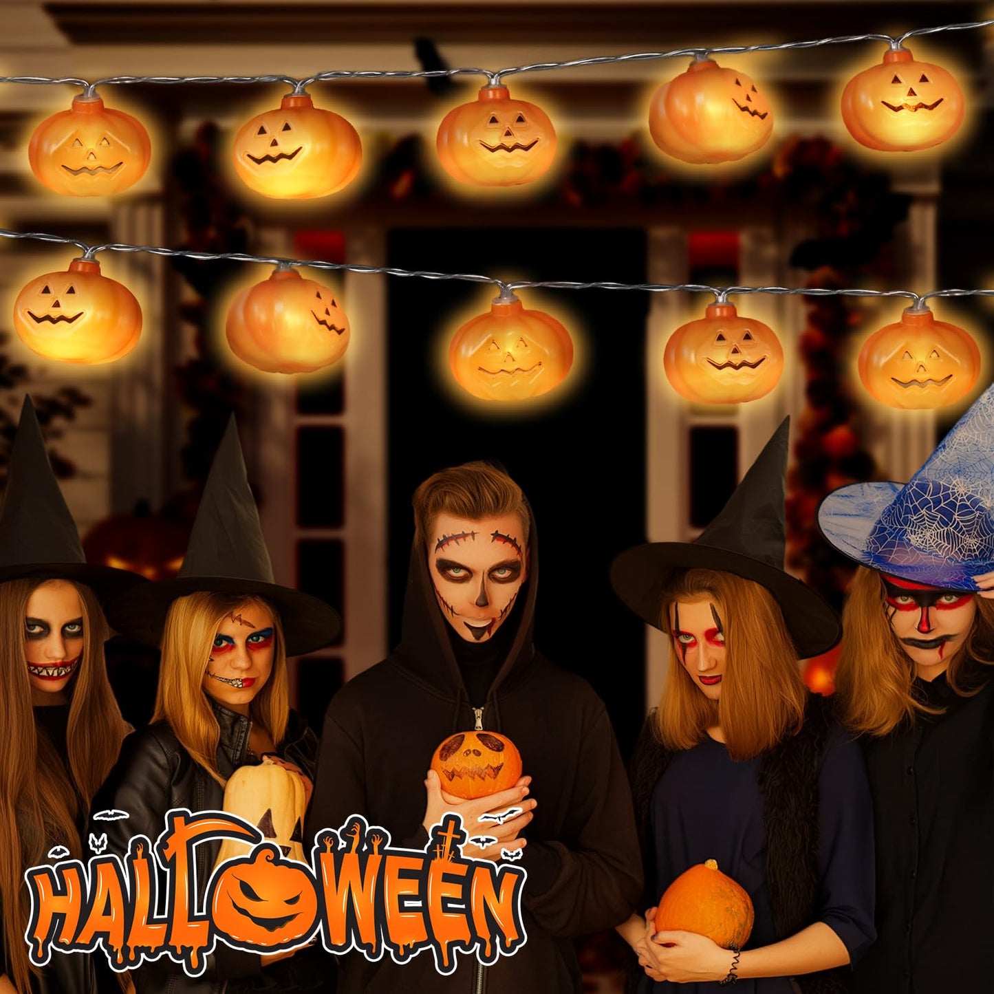 Halloween Decoration, 10FT 20 LED Pumpkin String Lights, Battery Operated 2 Mode Steady/Flickering Waterproof Halloween Lights for Indoor Outdoor Decor Camper Party Decorations