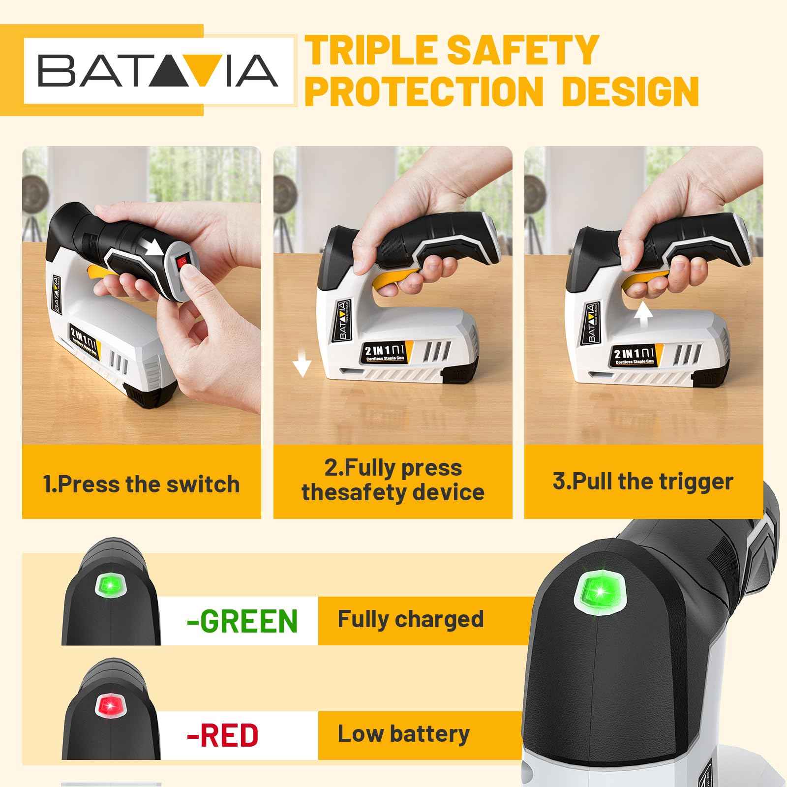 BATAVIA Electric Staple Gun, 2-in-1 Cordless Brad Nailer & Stapler Kit with 2000Pcs Nails & Staples, 4V Lithium-ion Rechargeable Nail Gun for Upholstery, Wood Working, DIY Home Projects