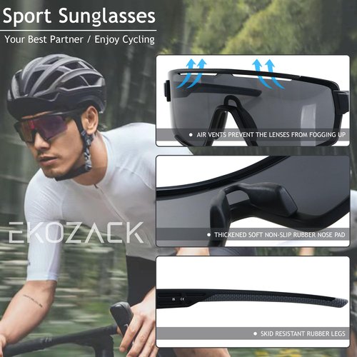 EKOZACK Polarized Cycling Glasses for Men Women Big Large Driving Fishing Mountain Bike Baseball Sunglasses UV Protection Black Shades