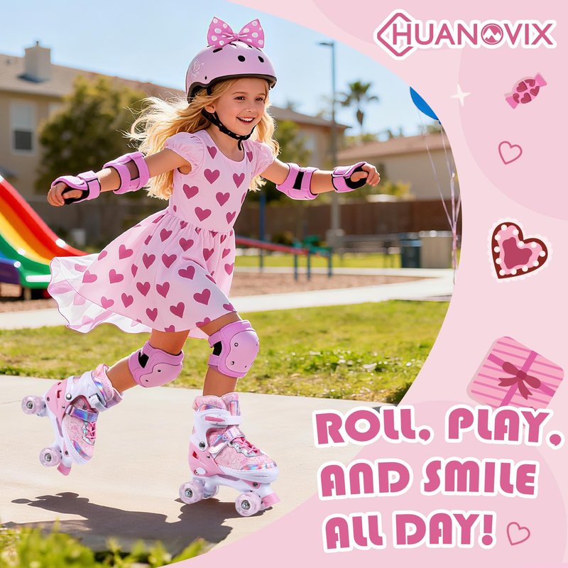 Huanovix Kids Roller Skates, 4-Size Adjustable RollerSkates with Light Up Wheels, Indoor Outdoor Illuminated Skates for Girls Boys Toddlers Youth Adult (Pink, M(US 13C-3/7.5-8.5 in))