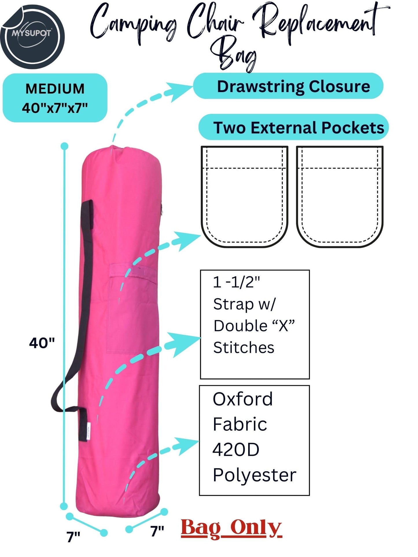 MYSUPOT 40"x7"x7" (Pink, M) Replacement Bag for Folding Camping Chair, Camp Chairs, Hammock, Yoga Mat, Beach Chair, Umbrella, Tent Bag 420D Oxford Polyester Fabric w/Side Pockets