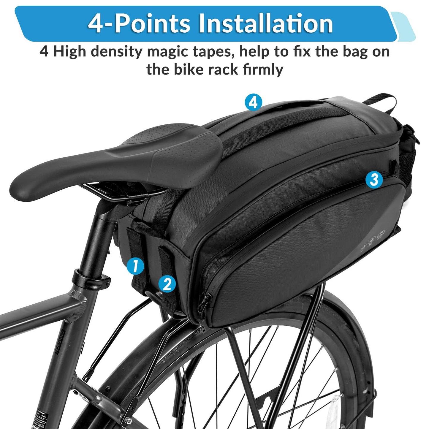 WOTOW Rear Bike Rack Bag, 12L Waterproof Reflective Bike Ebike Saddle Trunk Bag, Bicycle Panniers Rear Basket Storage Bag with Water Bottle Holder Shoulder Strap for MTB E Bike Commuter Travel
