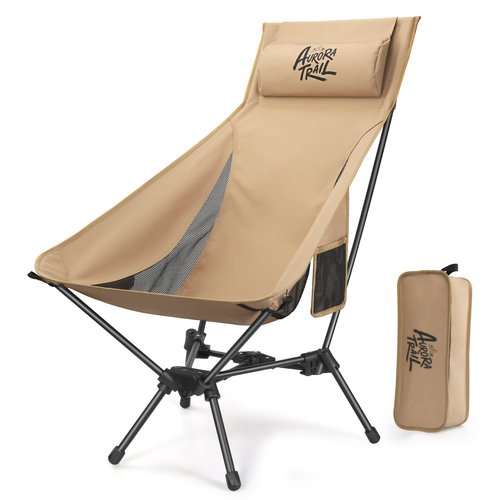 AuroraTrail High Back Folding Camping Chair with Pillow – Lightweight Portable Outdoor Chair with Cup Holder & Carry Bag, Sturdy Aluminum Frame Supports up to 374 lb for Camping, Hiking & Festivals