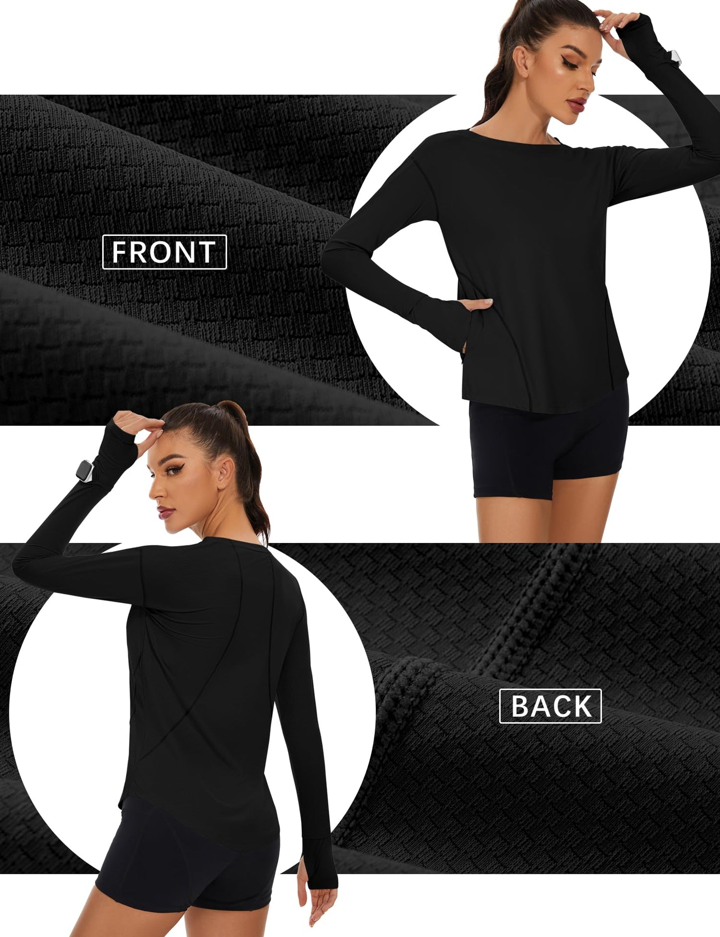 Loovoo Long Sleeve Running Tops for Women UPF 50+ Sun Shirts with Pocket Quick Fit Workout Shirt Boat Neck Yoga Tops Activewear Black Large