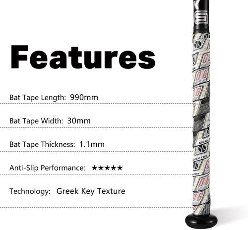 Greek Key 1.1mm Bat Grip Tape - Double-Stamping Textured, Non-Slip, All-Weather Performance, Precut for Easy Install