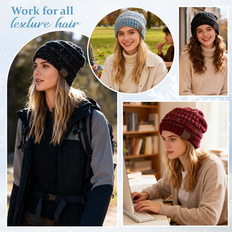 Satin Lined Beanie Women-Winter Hats for Women Silk Lined Slouchy Cute Beanie for Winter Warm Knit Ski Hat Mix Beige&Black&Purple