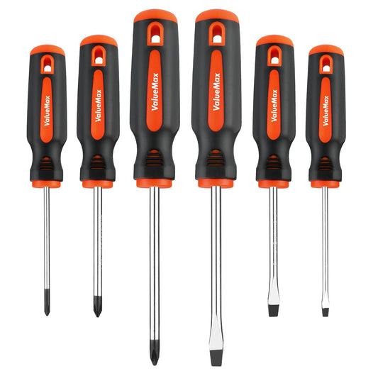 ValueMax 6-Piece Magnetic Screwdriver Set, 3 Phillips and 3 Flat Tip Screwdrivers, Non-slip Handle Screw Driver Set Kit