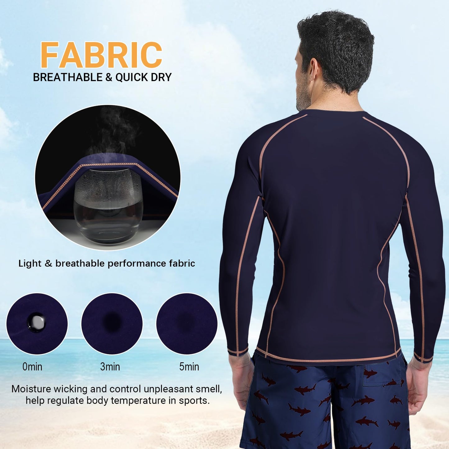 Sun Protection Swim Shirts for Men: SPF UPF 50+ UV Long Sleeve Rash Guard for Fishing Hiking Running Workout Athletic Navy Blue