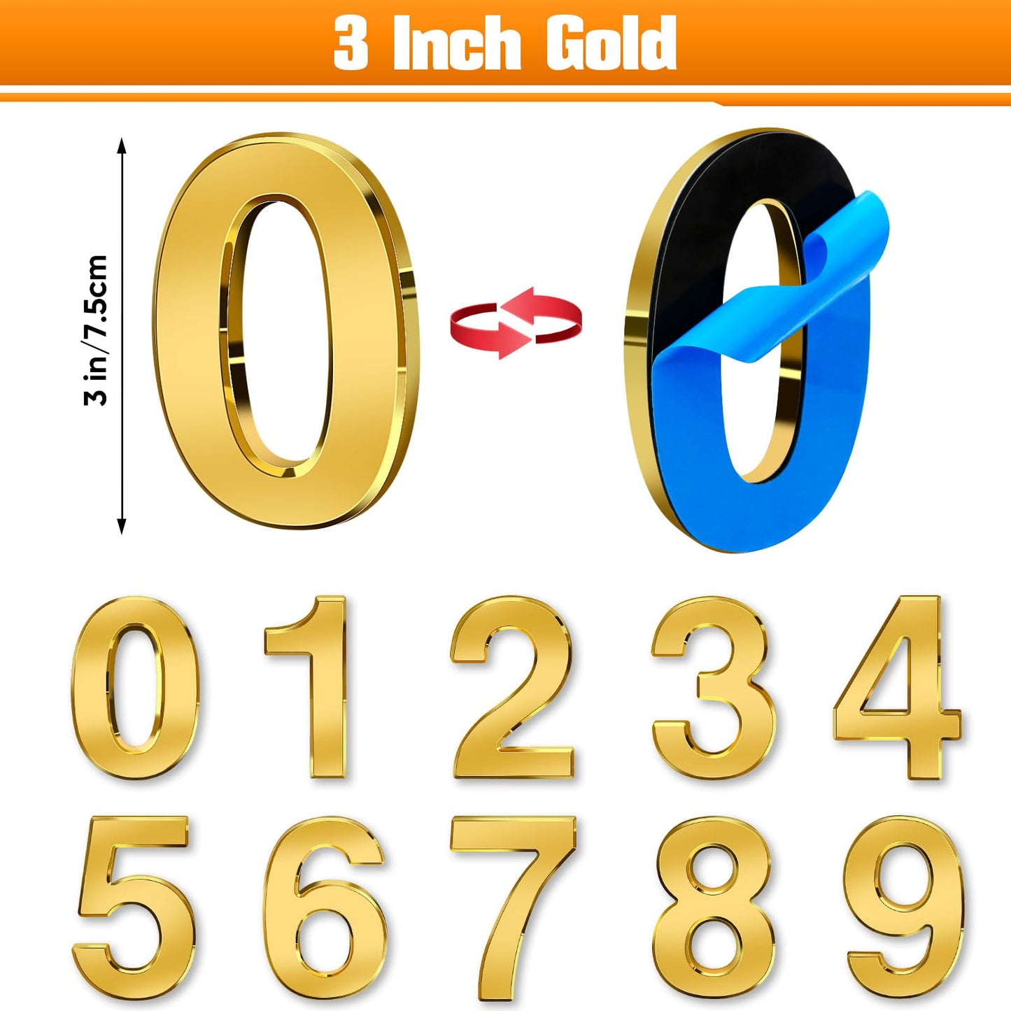 Ranslen 10 Pieces 3 Inch High House Numbers 0-9, Self-adhesive 3D Mailbox Numbers Door Address Home Number Stickers Sign for Apartment Mailbox Sign Office Hotel Room, Gold Electroplated Plastic