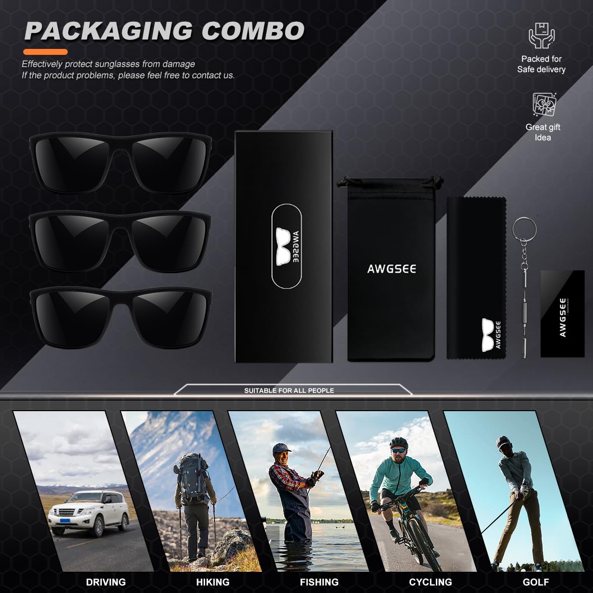 AWGSEE Polarized Sunglasses for Men, UV Protection Lightweight Sun Glasses for Driving Fishing Golf