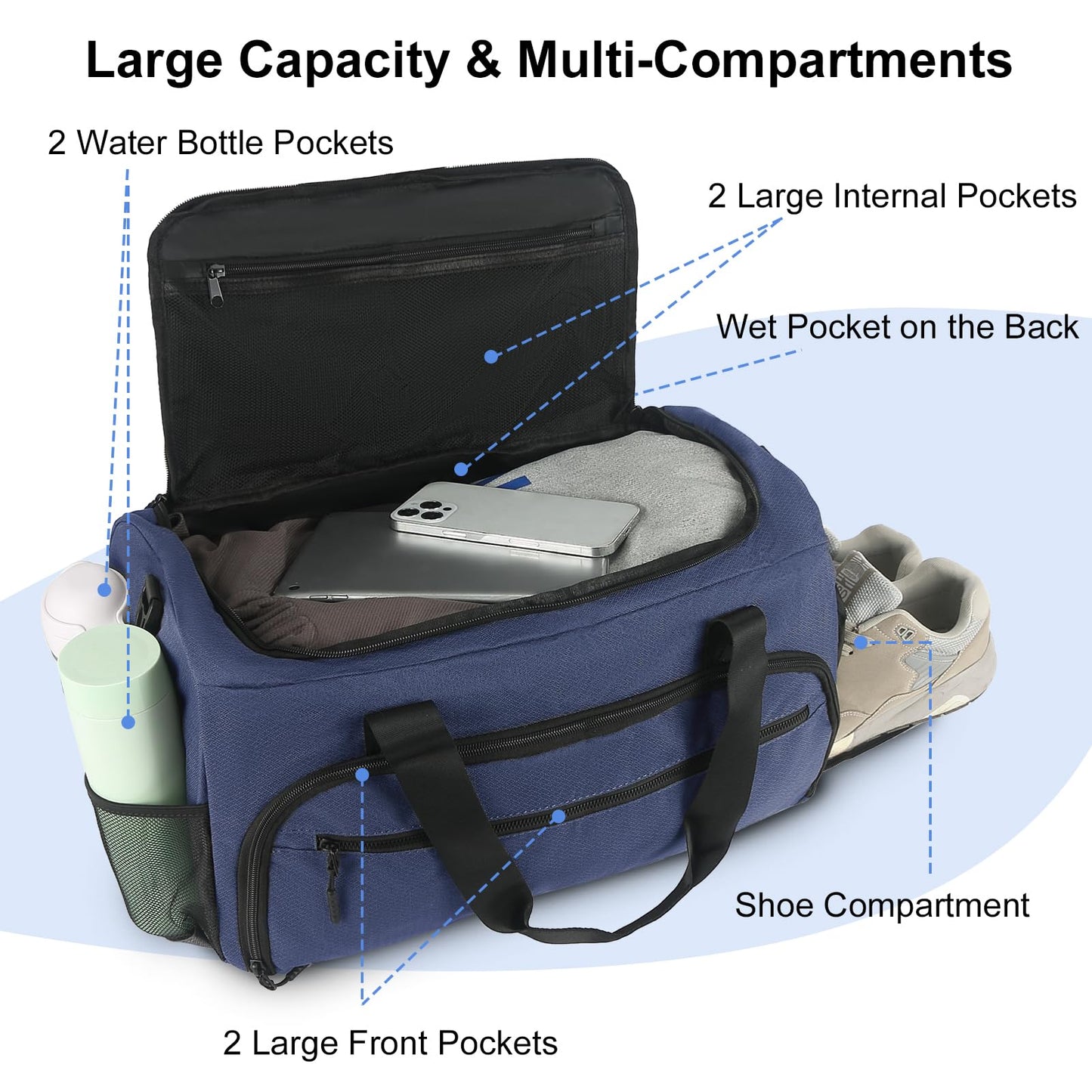 Gym Bag for Men Women, Sports Duffle Bag with Wet Pocket & Shoes Compartment, Water Resistant Overnight Weekender Bag Duffel Bag - Blue