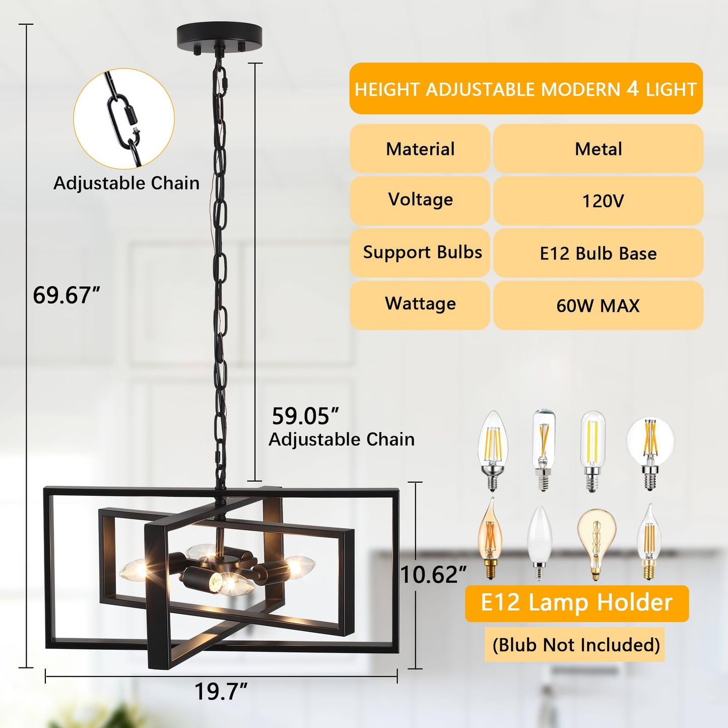 Bosomfr 19.7'' Modern Chandelier 4-Light, Black Farmhouse Light Fixture Cross Chandeliers for Dining Room Living Kitchen Island Bedroom Living,Rectangular Metal Industrial Hanging Ceiling Lighting