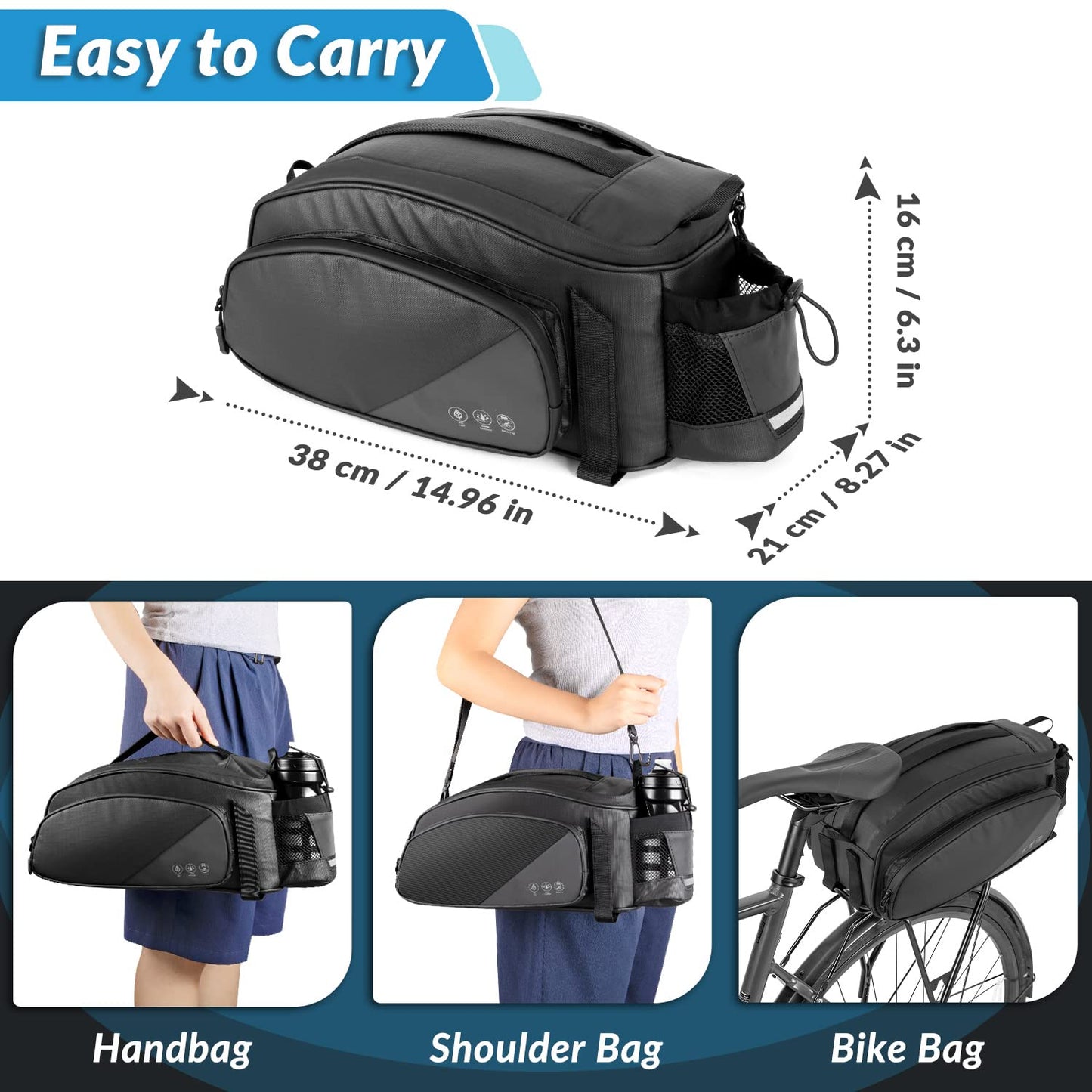 WOTOW Rear Bike Rack Bag, 12L Waterproof Reflective Bike Ebike Saddle Trunk Bag, Bicycle Panniers Rear Basket Storage Bag with Water Bottle Holder Shoulder Strap for MTB E Bike Commuter Travel