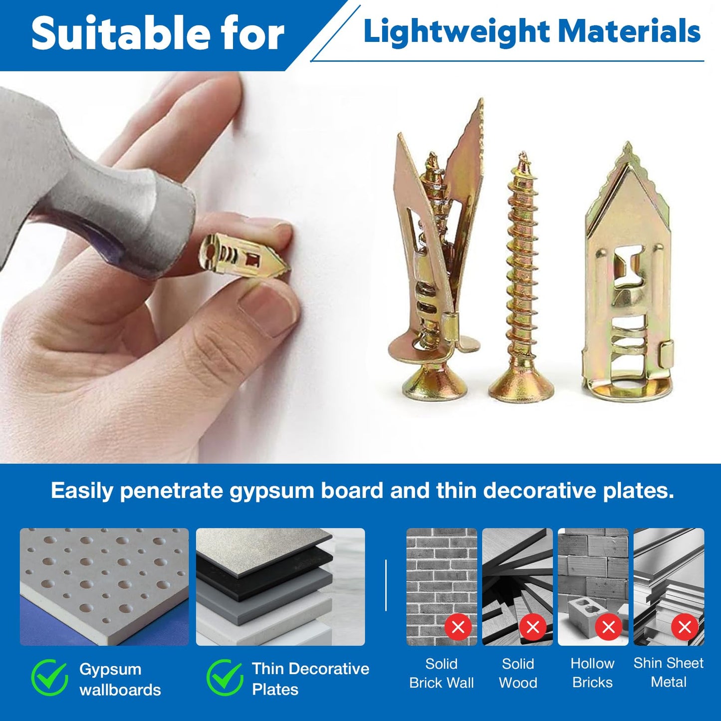 Drywall Anchors and Screws Kit – Heavy Duty Self Drilling Wall Anchors for 3/8", 1/2", 5/8" Drywall, Supports Up to 66 lbs, with 80 Anchors & 80 Screws (160 PCS)