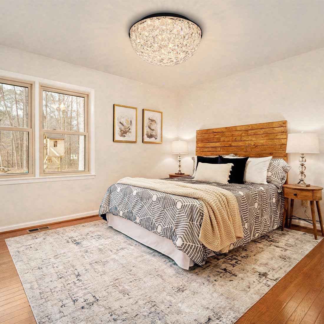 12" Dimmable Modern Crystal Chandelier - LED Flush Mount Ceiling Light for Dining Room, Entryway, Kitchen & More - ETL Listed Black