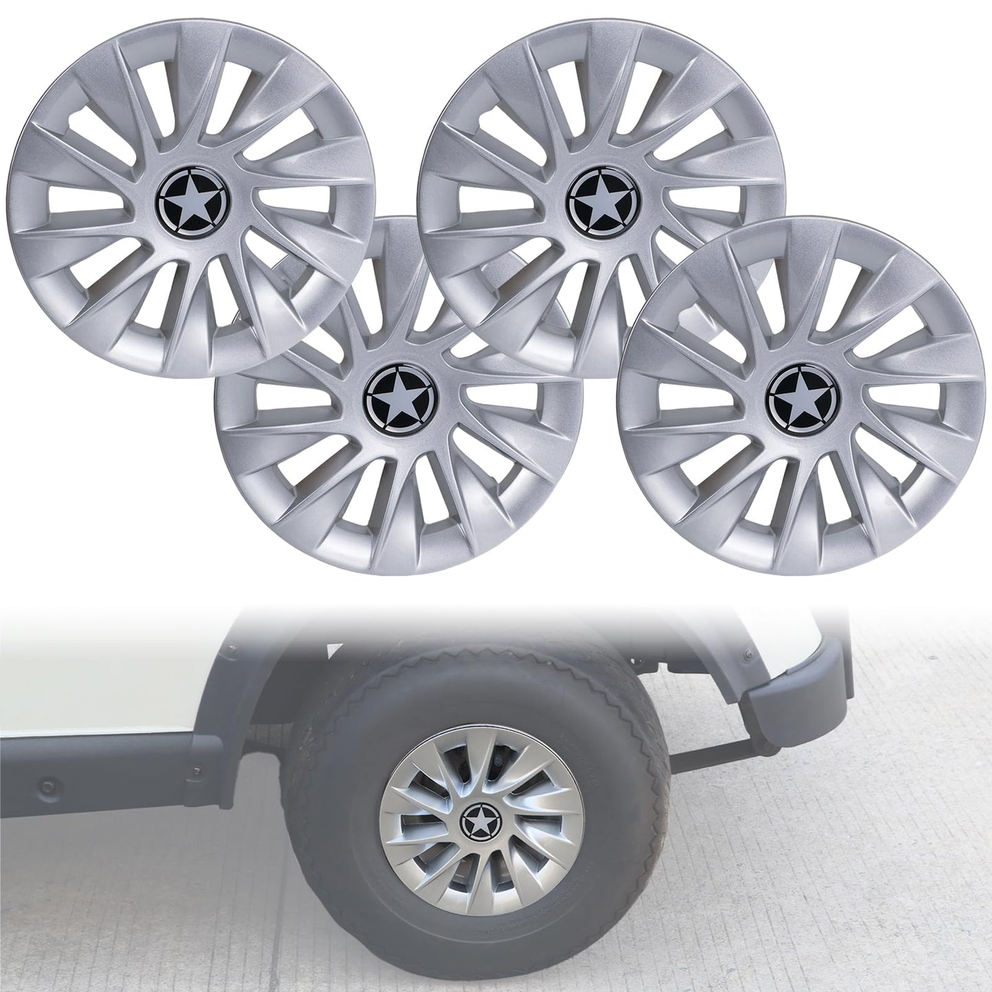 8 Inch Golf Cart Hub Caps Wheel Covers for EZGO Club Car Yamaha Accessories, Snap-On Plastic Hubcaps Set of 4, Silver Chrome Finish for Most 8" Wheels (Silver)