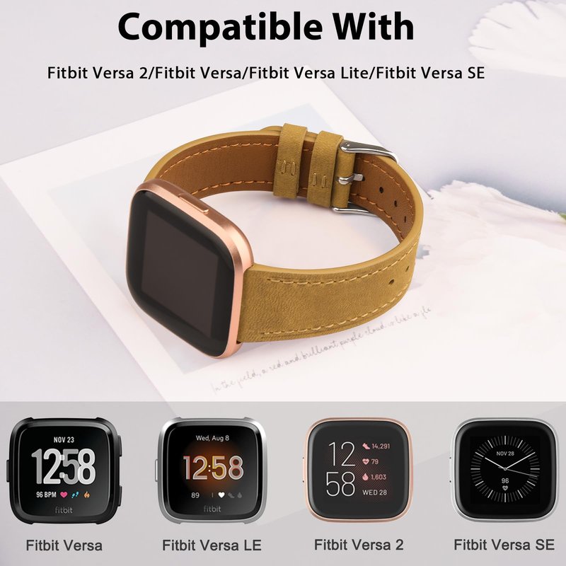 Vancle Band Compatible with Fitbit Versa, Genuine Leather Band Replacement Strap for Women & Men
