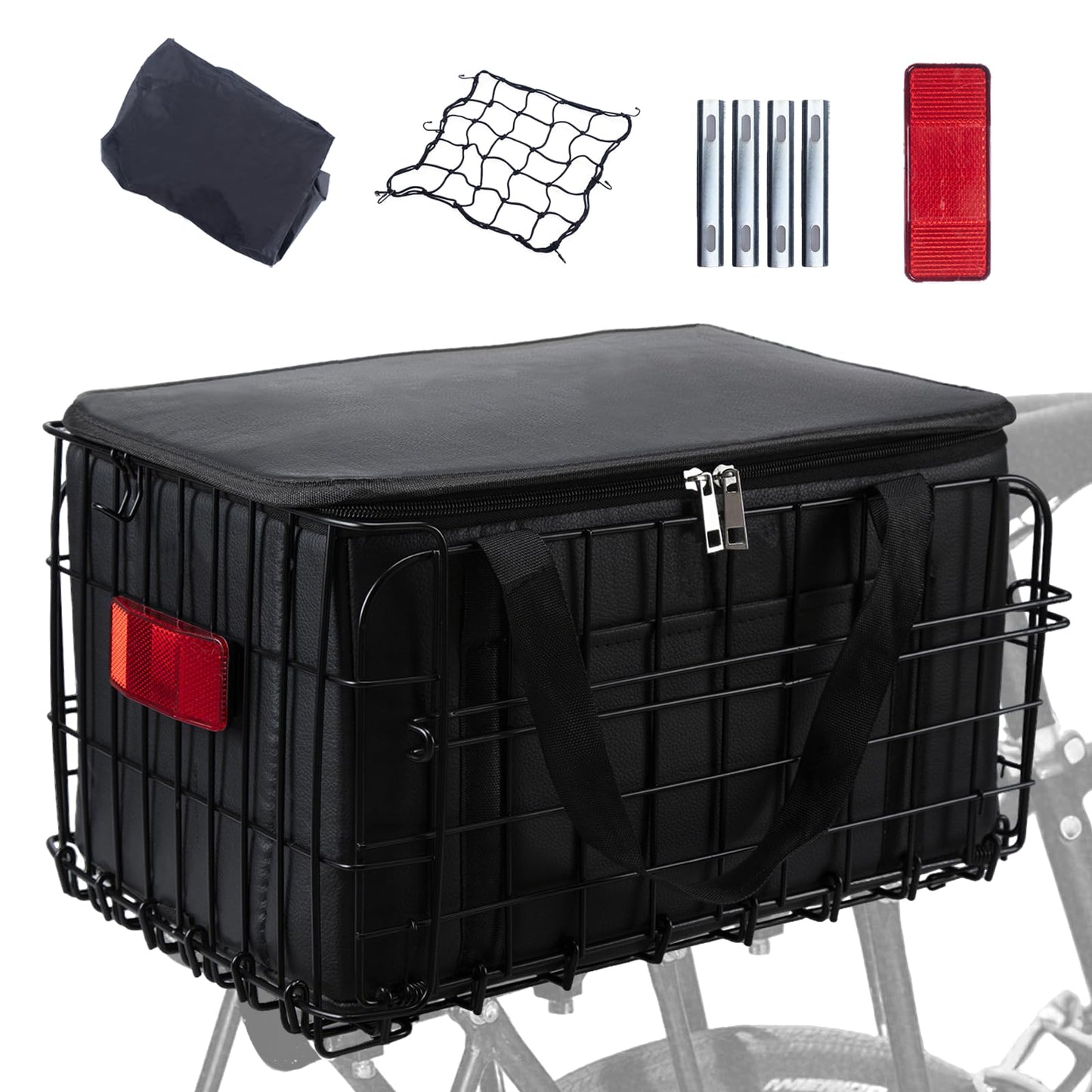 Foldable Bike Basket Rear with Bag Cargo Net Cover Bicycle Baskets for Adult Bikes Spring System for Carrying Grocery Small Dog Cat