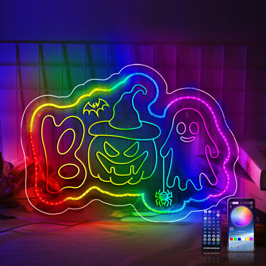 Halloween Neon Sign, BOO Led Sign for Wall Decor Pumpkin Spooky Ghost Light Up Sign for Halloween Bar Bedroom Home Party Trick or Treat Party Backdrop