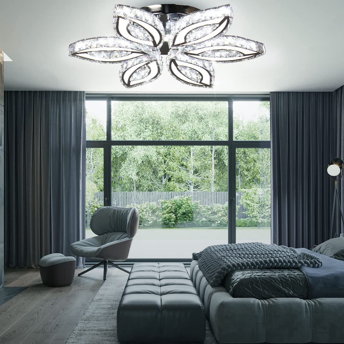 CLAIRDAI 20" Modern Crystal Chandelier, Flower Led Chandelier with K9 Crystal Acrylic, Cool White 6500K, 20" x 20" x 3.1" for Living Room