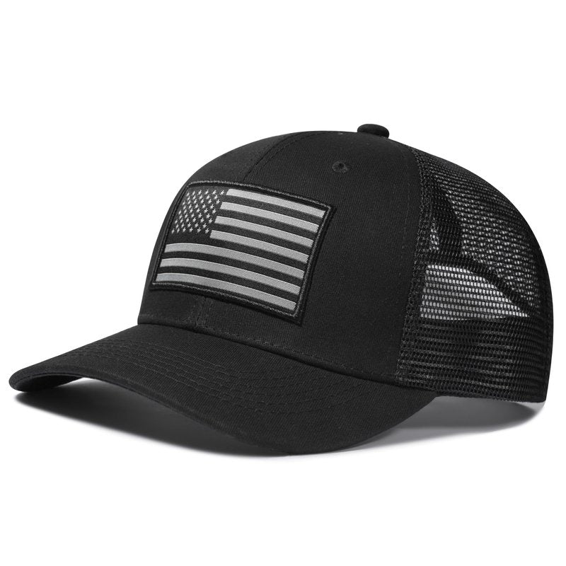 AURR American Flag Trucker Hat, Patriotic Baseball Cap for Men & Women, Breathable Mesh Adjustable Snapback, USA Flag Patch Black/Black
